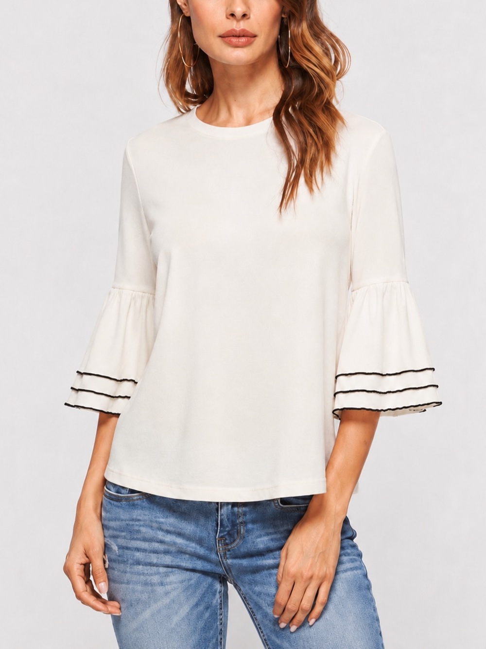 W5 Short-Sleeve Off White Ruffle Bell Sleeve Top with Black Trim Size Medium
